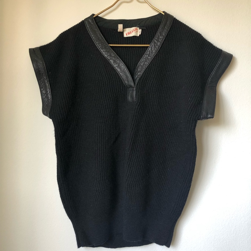 Vintage Leather Trim Wool Black Sweater Vest